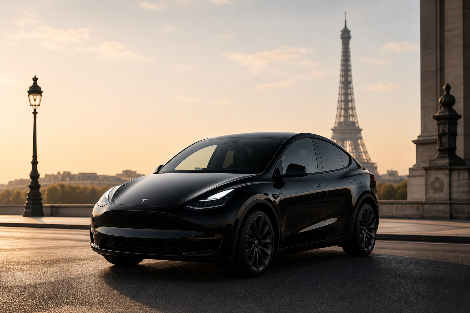Tesla Model Y devant la Tour Eiffel au lever du soleil
